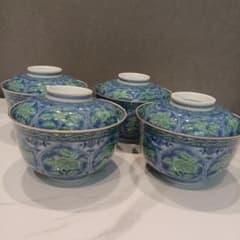 美濃焼 庫山窯 青華緑彩 蓋付き丼ぶり揃 4客 円菓子椀 色絵染付 丼ぶり