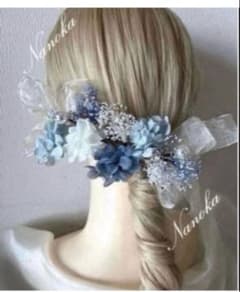 (銀箔付 】ブルー×ホワイト髪飾り ドライフラワー 成人式 結婚式 卒業式 和玉のサムネイル