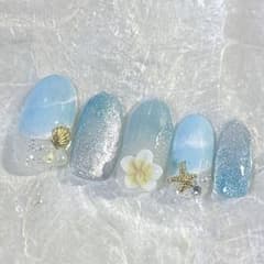 プルメリア×波ネイル✧*。海 夏ネイル ブルーネイル マグネットネイル グラデのサムネイル