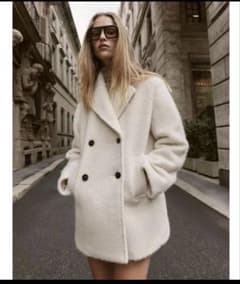 【新品】ZARA ブークレダブルブレストミディ丈コート エクリュ Lのサムネイル