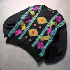 80s-90s ヴィンテージ 花柄 立体編み ニット レトロ M