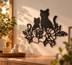 猫 花柄 壁飾り ウォールデコ ブラック インテリア 24cm 20cmのサムネイル