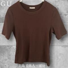リブTシャツ　半袖　ブラウン　GU 古着　上品　ハーフスリーブ　ストレッチのサムネイル