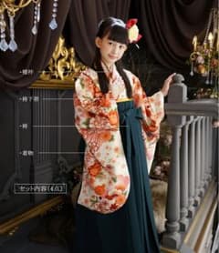 小学生　卒業式　袴セット　花柄着物とダークグリーン袴のセットのサムネイル