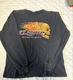 USA製 U.S.W. 火炎スカル 両面プリント長袖Tシャツ 黒 Lのサムネイル