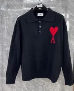 AMI PARIS ニットポロシャツ ハート刺繍 ブラック LL - メルカリ