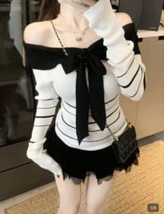 肩出しニットセーターリボン付き Lのサムネイル
