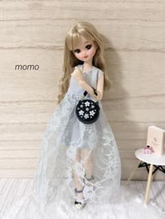 22cmドール服 レース切り替えワンピース×ツイードお花バッグ♡コーデ2