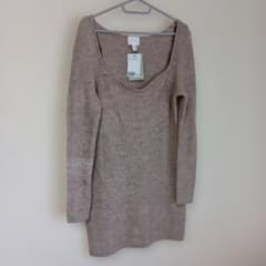 【新品】H&M リブニットチュニックワンピース 長袖 ベージュ M 見せブラにものサムネイル
