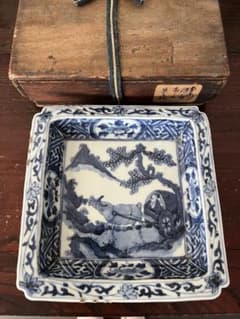 希少　中国古美術明時代　天啓古染付　牛車翁　紗綾紋　隅切角皿　古伊万里　清朝期 希少 中国骨董 明時代 天啓 古染付 牛車翁 紗綾紋 隅切角皿 古伊万里