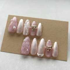 ネイルチップ ピンク レース リボン パール マグネットネイル 量産型のサムネイル