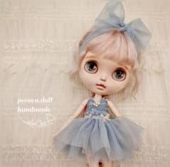 ブライス服 バレリーナ風ワンピース(アイスグレー) ドロワーズ リボン 