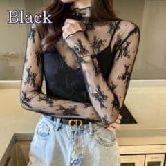 シアートップス シースルートップス トップス レース素材 透け感 花柄 韓国 黒のサムネイル