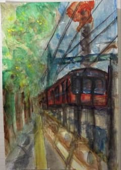 風景水彩画 ポストカードサイズ 電車 線路 緑のサムネイル