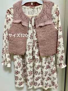 ワンピース　長袖　花柄　白　ピンク　ベスト付き　サイズ120 春　秋　冬のサムネイル