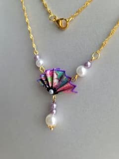 ハンドメイド 扇子ネックレス 和風 パープルのサムネイル