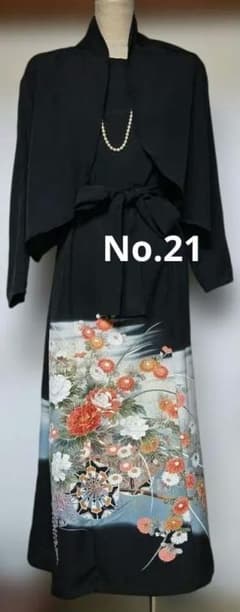 黒留袖 リメイクボレロ付きロングドレス 花柄刺繍 リボン付き 地紙花車