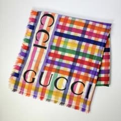 美品 GUCCI グッチ チェック 大判スカーフ ストール ウール イタリア製