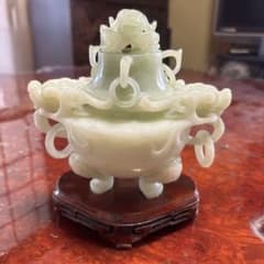Incense burner, jadeite, Chinese art, green stone, nephrite, ornament, with base, antique item.