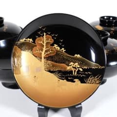 天然木製漆塗 図変わり風景画 東海道五十三次の図金蒔絵 黒塗吸物椀 5