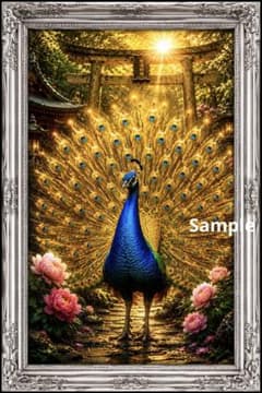 黄金孔雀〜光羽が導く幸運の道〜 開運・金運・癒しアート 2Lサイズ