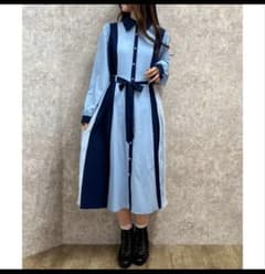 アクシーズファム　タグ付き　レース切替配色シャツワンピース　サックス