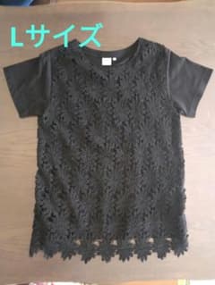 EDWIN 半袖Tシャツ ブラック 花柄レース装飾【Lサイズ】のサムネイル