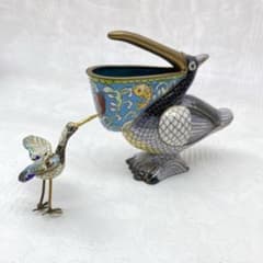 中国七宝 景泰藍 七宝 真鍮製 鶴 ペリカン 鳥 置物 2点セット - メルカリ