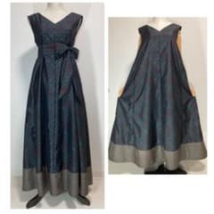 着物リメイク大島紬 裾切り替え深Vネックロングフレアワンピース着丈