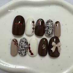 ネイルチップ バレンタイン チョコネイル リボン ハート ツイード 茶