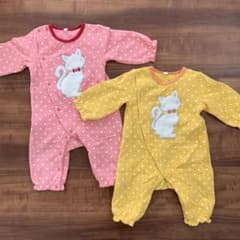 ★売約済み★ ねこ ドット カバーオール ロンパース 80 双子 黄色 ピンクのサムネイル