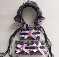猫耳レースカチューシャ コスプレ 黒レースピンクリボン^_^のサムネイル
