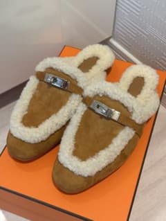 最終価格 エルメスオズ ムートン スエード ファー ミュール 37.5