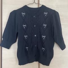 wclosetリボン刺繍 半袖ニット カーディガン ブラック