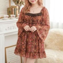 希少 LIZ LISA ワンピース 花柄 チェック リボン 袖フレア 森ガール