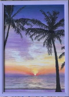 手描き絵画 夕暮れのヤシの木 海辺の風景画 額縁付きのサムネイル