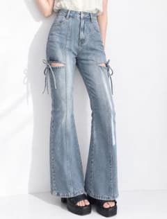 SHEIN フレアデニムパンツ サイドリボン カットデザイン ブルー Sのサムネイル