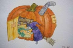 【一点もの】ハロウィン 手描き水彩画 原画 魔女 かぼちゃ ハガキサイズのサムネイル