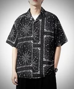 未使用 ペイズリー 総柄 バンダナ 半袖シャツ M オーバーサイズ 黒のサムネイル