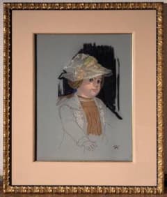 【真作】絵画　小松崎邦雄　ビロードにパステル画　帽子の人形　西洋人形　V187 真作】絵画 小松崎邦雄 ビロードにパステル画 帽子の人形 西洋