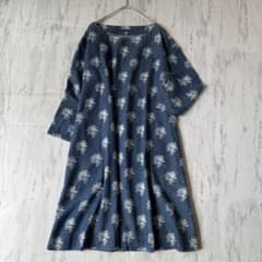 【美品】45R ✾ワンピース✾カラーインディゴ✾サイズ3✾コットン100% 希少✨45R インディゴ染め 花柄ワンピース 総柄 45rpm 体型カバー