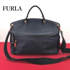 極美品☆フルラ　ネイビー　デニム　ハンドバッグ　ショルダーバッグ　A15のサムネイル