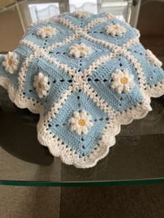 ハンドメイド モチーフ編み グラニースクエア マルチカバー ブルー