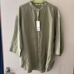 UNIQLO リネンブレンドバンドカラーシャツ XL グリーンのサムネイル