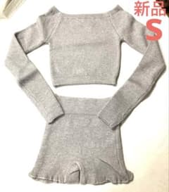 新品新作ニットセーターワイドオフショルダー長袖十ショートパンツセートSグレー色