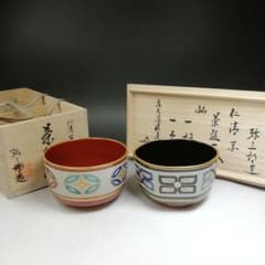 W856 茶碗一双 『仁清写七宝絵』『北川弥三郎 造』『大徳寺 福本積