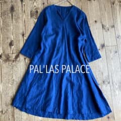 PAL'LAS PALACE ロングワンピース　リネン￼ブルー　七分袖　リボン PAL'LAS PALACE ロングワンピース リネン￼ブルー 七分袖 リボン