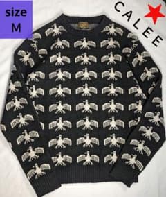【美品】CALEE キャリー イーグル総柄ニット 厚手 ラムウール75% M 黒のサムネイル