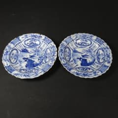 染付 小皿 皿 古伊万里 飛蝗文様 江戸 歪み 欠け 芙蓉手 A傷