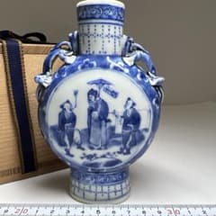 中国清時代 康熙年製 青花龍耳花入 木箱付 高約13.5㎝東Y7-1226☆2F